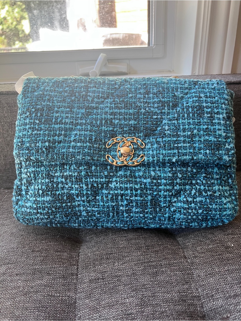 Teal Tweed Shoulder Bag with Gold and Silver Hardware